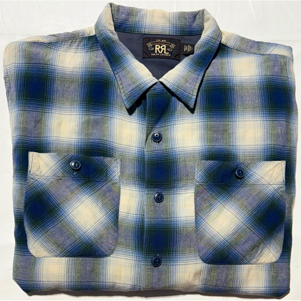 Double RL RRL Blue Green Shadow Plaid Button Up Work Shirt Mens Sz L